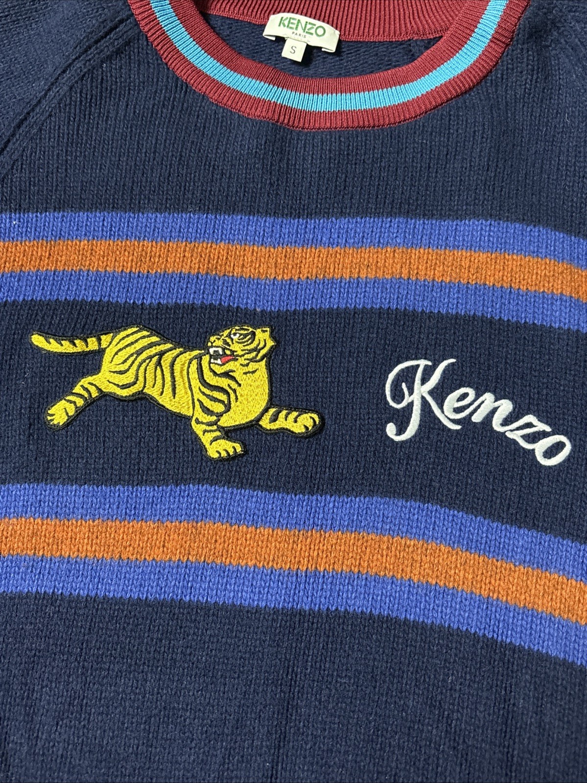 Kenzo Embroidered Jumping Tiger Relax Sweatshirt Striped Blue Size Small Rare