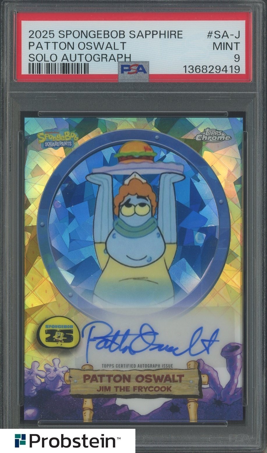 2025 Topps Chrome SpongeBob Sapphire Solo Autograph Patton Oswalt AUTO PSA 9