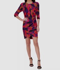 Vince Camuto Women's Red Printed Pleat-Neck 3/4-Sleeve Dress Petite Size 4P