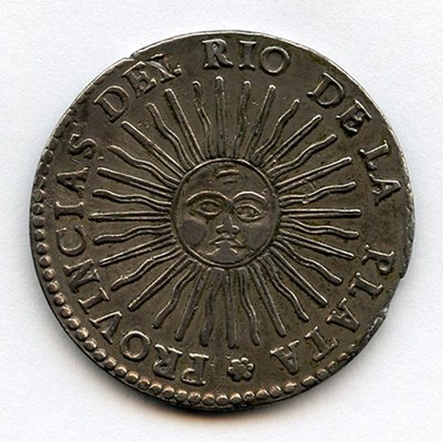 ARGENTINA 1834 ISSUE 8 REALES ''RADIANT SUN'' NICE TONED CHOICE XF-AU. RARE.