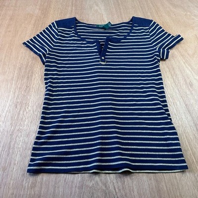 Womens Lauren Ralph Lauren L Navy Gold Stripe Henley Top