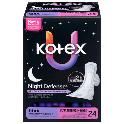 KOTEX U SANITARY PADS OVERNIGHT ULTRA THIN W/WINGS XTRA HEAVY 24 CT EACH (1)