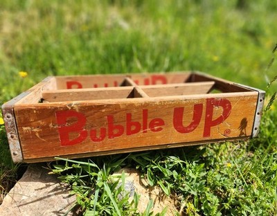 1956 Bubble Up Wooden Cypress Soda Glass Bottle Crate Four Carrier Holder Drink