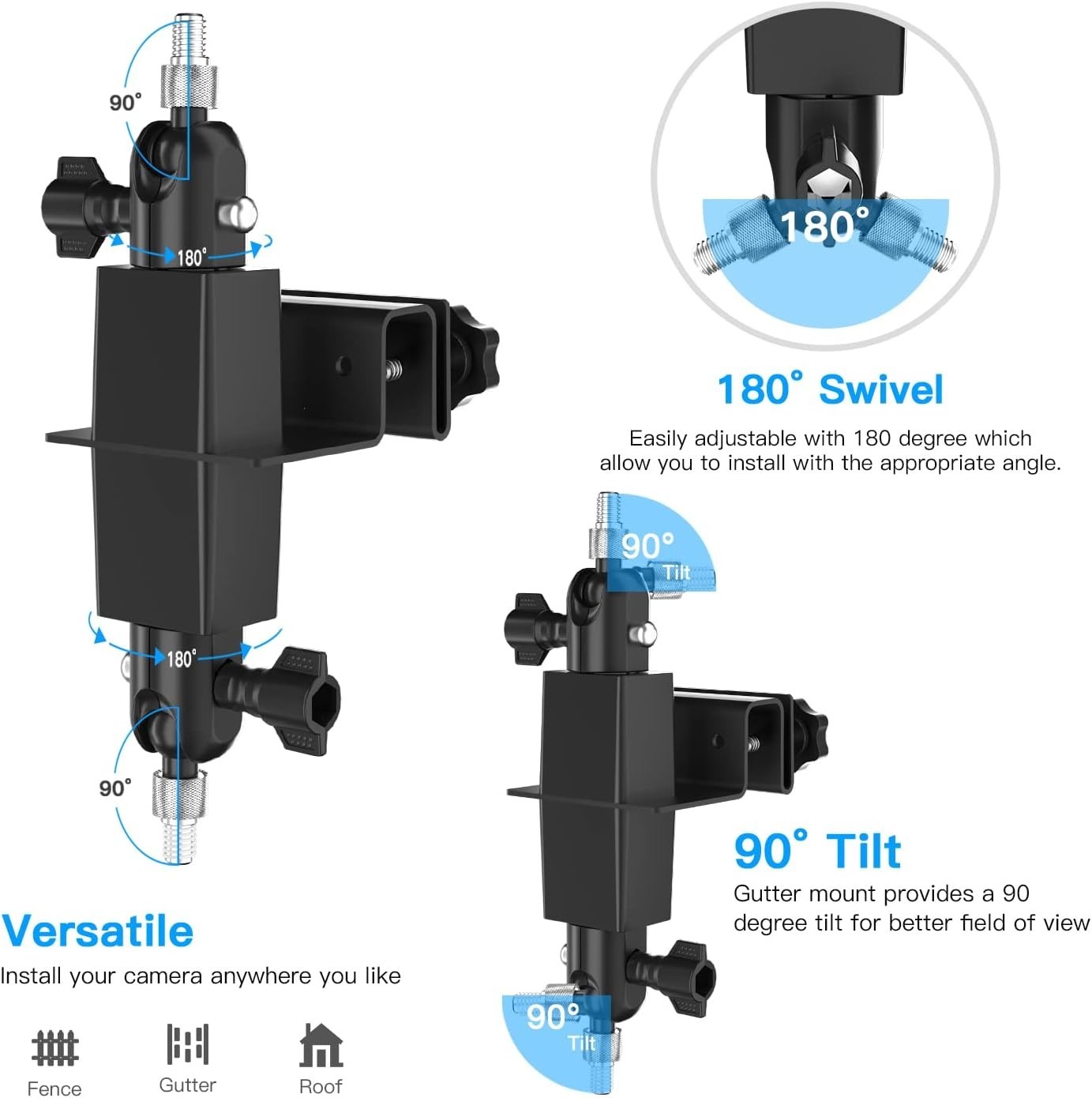Flexible 2-in-1 Camera Gutter Mount - 360° Rotation for Stick Up & Solar Panels