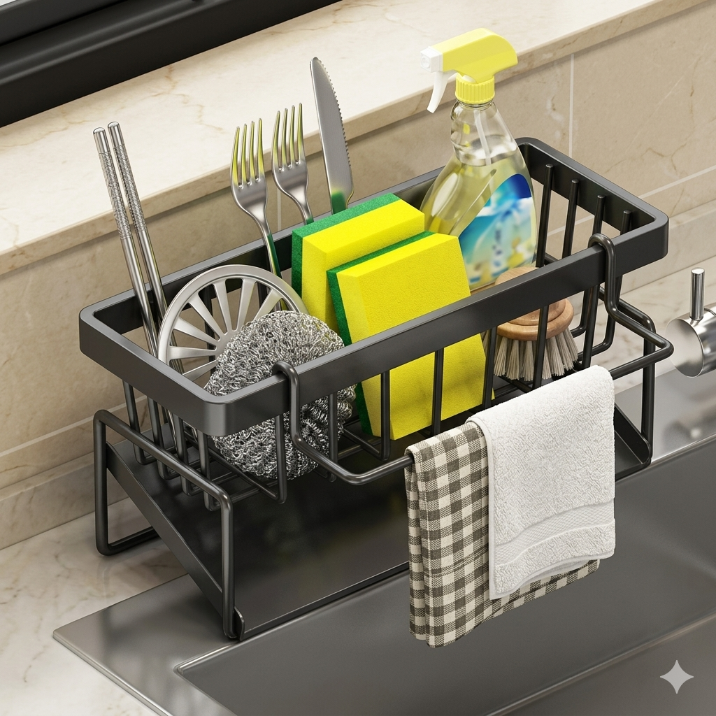 Black Aluminum Kitchen Sink Organizer Rack Sponge Holder with Towel Bar Rustproo