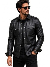 Mens Genuine Leather Shirt Black Trucker Styl...