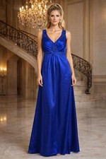 Designer Luxury Prom Royal Blue Beaded V-Neck Formal Gown Floor Length Sz 6