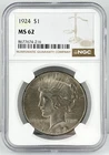 1924-P $1 Peace Dollar NGC MS62 90% Silver Philadelphia US Coin LUSTER!