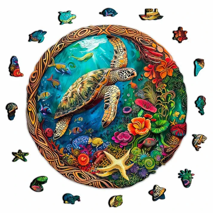 Sea Turtle Wood Jigsaw Puzzle Round Shape Adults Kids Small/A5 $39.99 NIB - Image 2 of 4