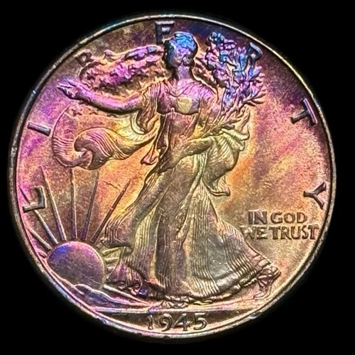 Walking Liberty Half Dollar Uncirculated 1945 90% Silver Monster Rainbow Toning