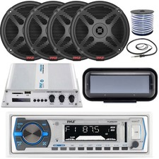Pyle Single DIN MP3 Bluetooth Marine Receiver, 4x 6.5'' 600W Speakers, Amplifier