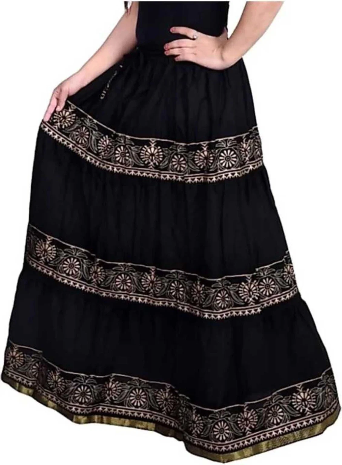 Indian Cotton Black Printed Long Skirt Women's Clothing Party Wear Flared Skirt
