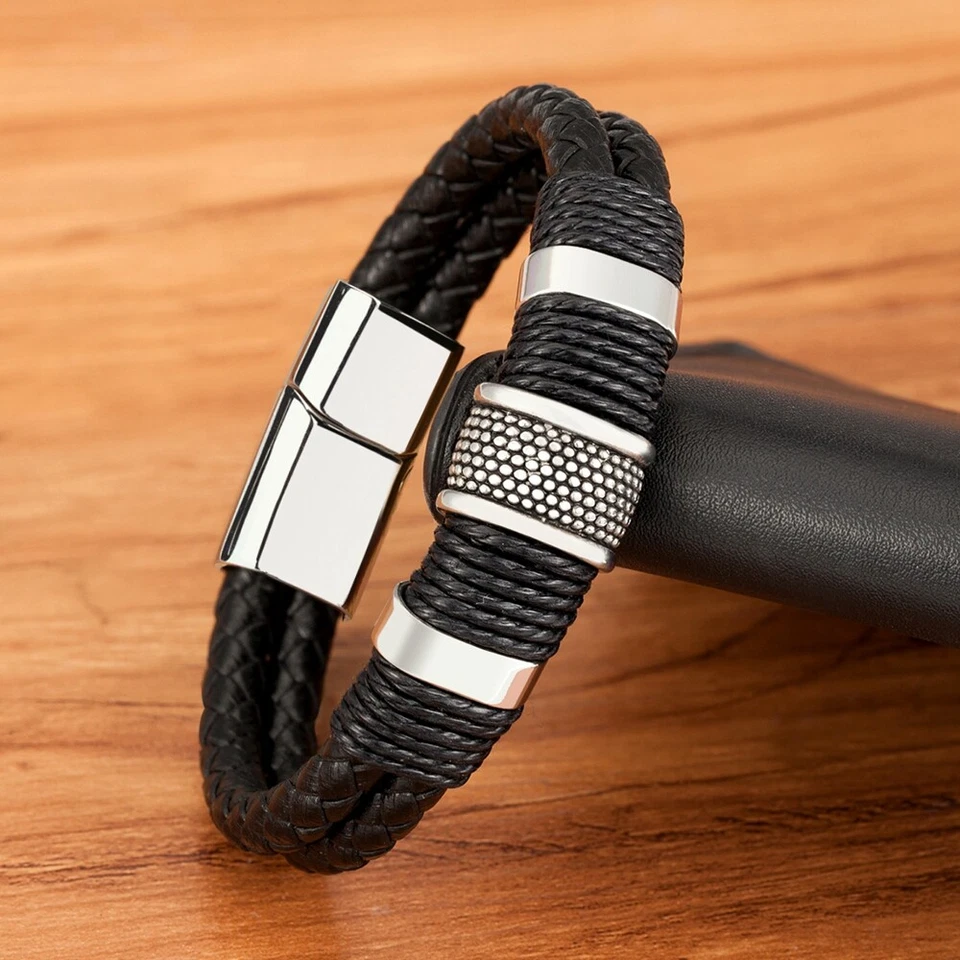 Pulsera clásica de cuero de acero inoxidable estilo envoltura cuerda tejido para hombre Foto 4 de 4