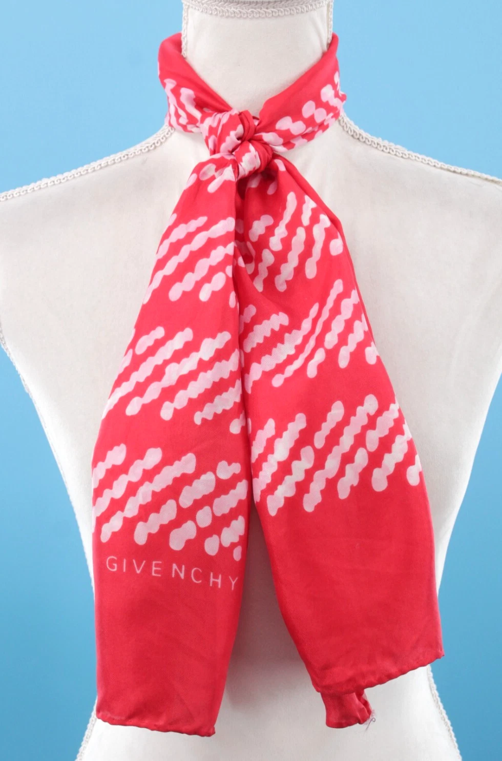 VTG 60s 70s Red & White Givenchy Silk Rectangle Scarf Hand Rolled Saks 5th Ave.