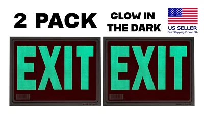 COTTON FLY 2 PACK Exit Sign Glow-in-The-Dark 12 x 9 Inches Photoluminescent Eco Friendly