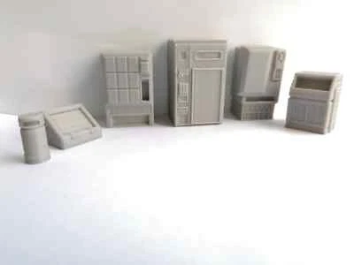 28mm Terrain, vending machine and trash cans, stargrave, starwars legion, cyberp