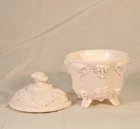 Vintage Jeannette Shell Pink Milk Glass Grape Leaves Footed Jar Candy Dish w/Lid
