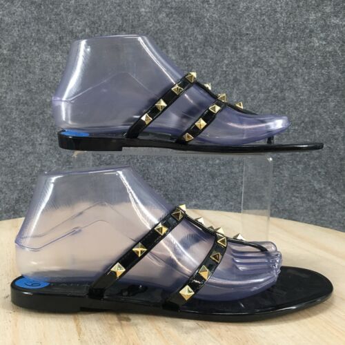 Tahari Sandals Womens 6.5 Lila Jelly Thong Black Rubber Studded Flats Comfort - Afbeelding 1 van 14