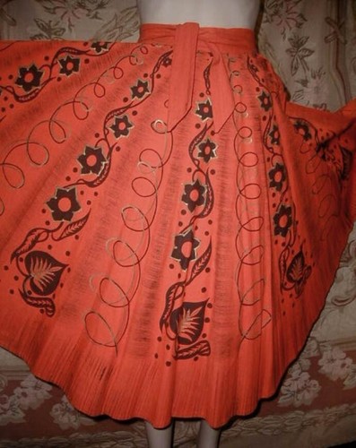 Vintage 1950s MAYA De MEXICO Hand Painted Full Circle Skirt Orange Black Gold 26