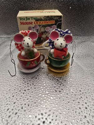 Vintage 1983 Giftco Hand Crafted Tea For Two Mouse Ornament Set in original Box