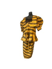 African Women's 2PC Ankara Embroidered Blouse  Elastic Waist Skirt Set Blk/Gld