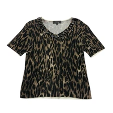 Jones Wear Shirt Womens PL Petite Large Leopard Jeweled Neckline Short Sleeve