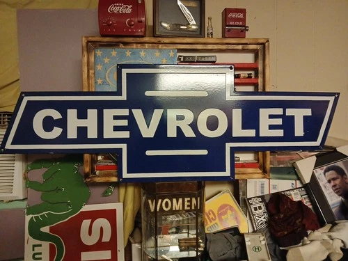 Large Vtg Rare Porcelain Bowtie Die Cut Chevrolet Sign Auto Truck Car Dealer