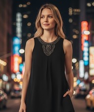 Sage Little Black Mini Dress Sleeveless Beaded Neckline Made In USA Small