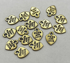 ANTIQUE GOLD "MADE WITH LOVE" HEART SHAPED CHARMS FOR JEWELRY MAKING 16 PCS