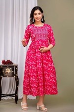 HAND BLOCK PRINTED Flared Maternity Gown for Woman Zip for Breastfeeding Comfort