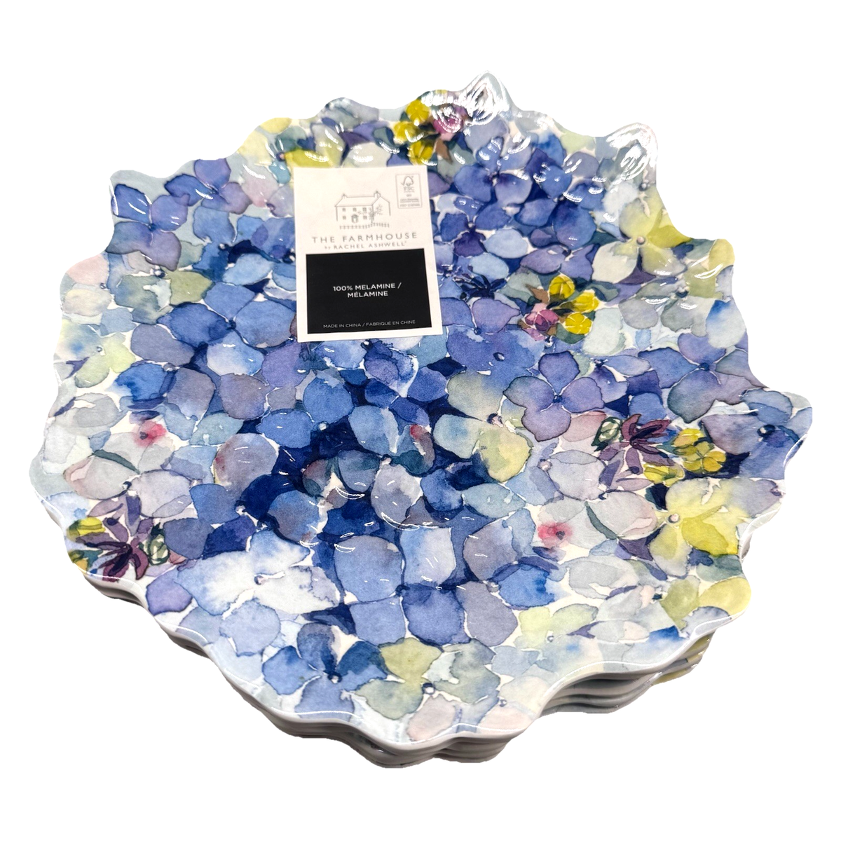 6 Rachel Ashwell Farmhouse MELAMINE Salad Plate Set Hydrangea Blue