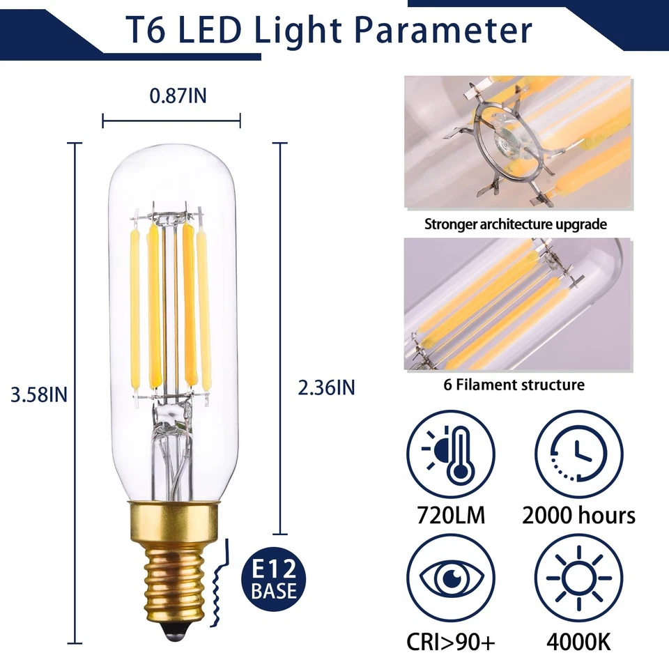 T6 LED Bulb Dimmable Light Bulbs E12 T25 Clear Glass Tubular Edison Candle Bu... - Image 4 of 4