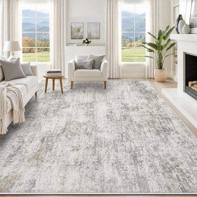 Modern Ivory Gray Washable Area Rug 5X7, Neutral Distressed Rugs with Non Slip B