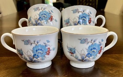 4 NORITAKE VERSATONE  Bleufleur  Footed Coffee Tea Cups EXCELLENT CONDITION
