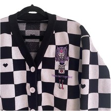 Kuromi Check Pattern Cardigan Womens M Black White Embroidered Anime Hello Kitty