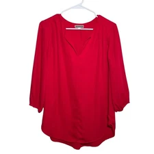 Pleione Blouse Women's Medium Red V-Neck 3/4 Sleeve Career Shirt Top Lightweight