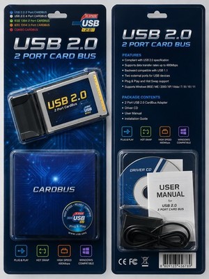 USB 2.0 2-Port CardBus Adapter mit Zubehör & Treiber CD   Neu OVP