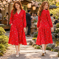 Uniqlo V-Neck Floral Small Detail Oriental Flare Wrap Dress AU 12 M Red Pockets