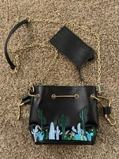 Embroidered Cactus Mini Tote Purse Gold Tone Chain Strap Bucket Style Snap Close