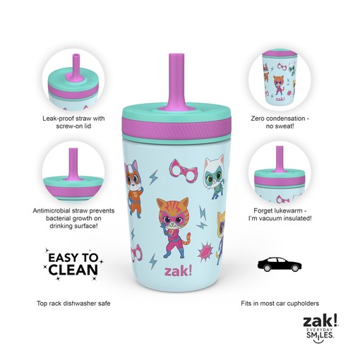 	Zak Designs SuperKitties Kelso tazza per bambini 12 oz acciaio inossidabile a prova di perdite	 - Foto 4 di 9