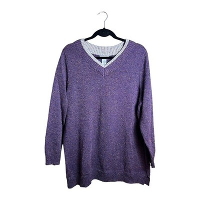 Catherines Purple Confetti Speckled V-Neck Sweater Plus Size 1X 18/20W Knit Top
