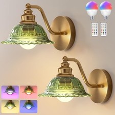 Battery Operated Wall Sconce with Remote Control, Vintage Glass Wireless Green