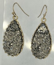 Black Druzy Stone Gold Tone Teardrop Hook Dangle Earrings 1.”