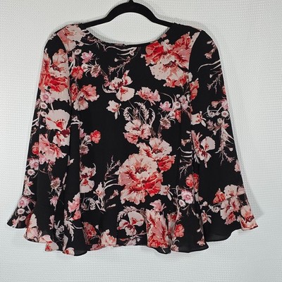 BB Dakota Floral Peplum Blouse S Black Pink Romantic Boho Flutter Hem Sleeves