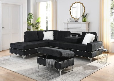 Sectional 3-Seaters Sofa ??2 with Reversible Chaise, Storage Ottoman and Cup Ho