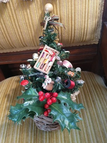 Sewing Themed Christmas Trees 10" decorated Vintage, buttons, thread, more