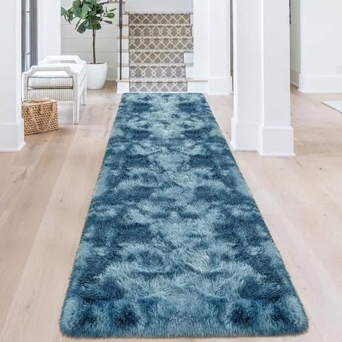 3x10ft Plush High Pile Blue Tie-Dyed Rug,Fluffy Soft Runner Bedside Rug,for  - Image 3 of 4