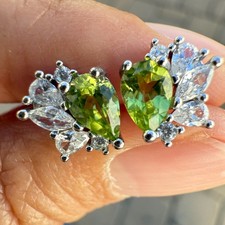 925 Sterling Silver Earrings 6x4mm Natural Peridot Gemstone Zircon Stud Women