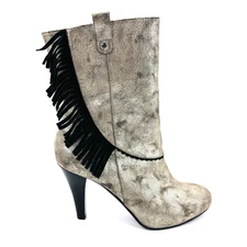 Womens 7.5 Poetic Licence Pure and Easy Silver Metallic Fringe Mid Shaft Boots