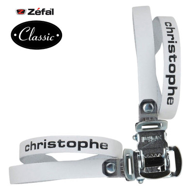 Courroie CHRISTOPHE TOE STRAPS blanc cuir véritable (paire) cale pied pédale